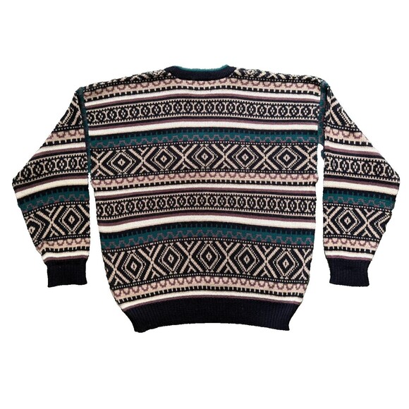 Vintage Impact Mens 80s Retro Tribal Aztec Knit Leather Applique Sweater XL - Picture 3 of 4